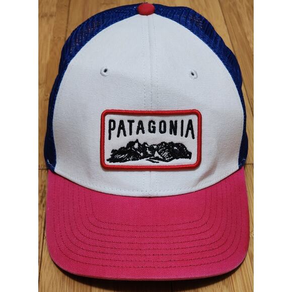 Patagonia Hat Cap Snap Back Trucker Mesh Patch White Pink Blue Outdoor Mens Fish - Picture 1 of 6